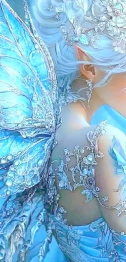 Ethereal fairy with blue wings and intricate designs.