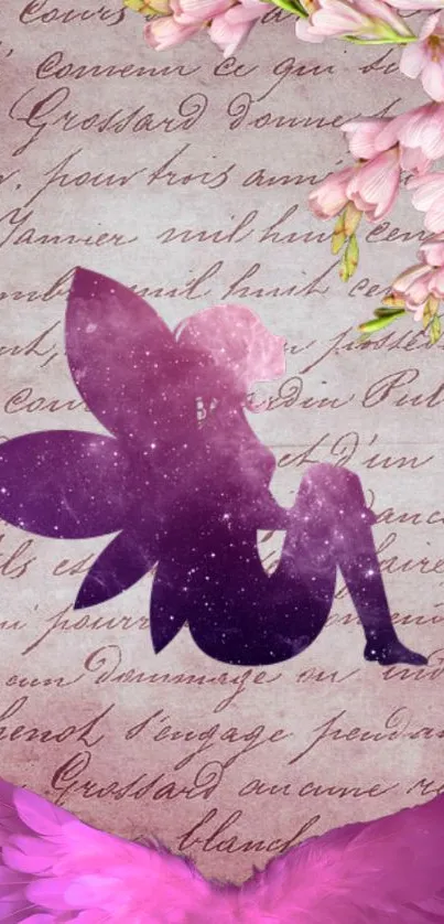 Magical silhouette fairy with pink flowers on a vintage script background.