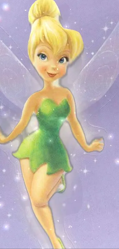 Whimsical fairy with sparkling wings in a magical lavender background.