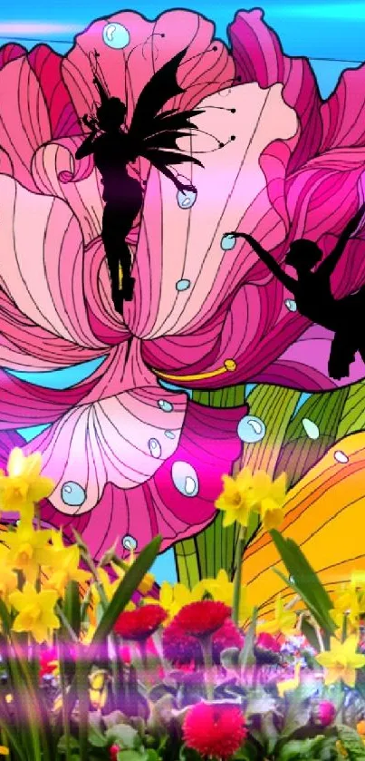 Whimsical wallpaper with fairies, vibrant flowers, and a blue sky background.