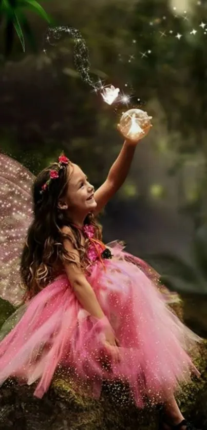 Little girl in fairy dress reaching for magical lights.