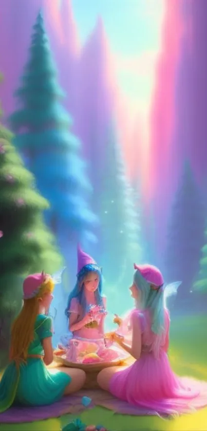 Fairies having a picnic in a colorful, magical forest.