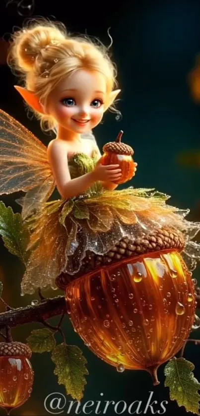 A whimsical fairy with wings sits on an acorn in a magical setting.