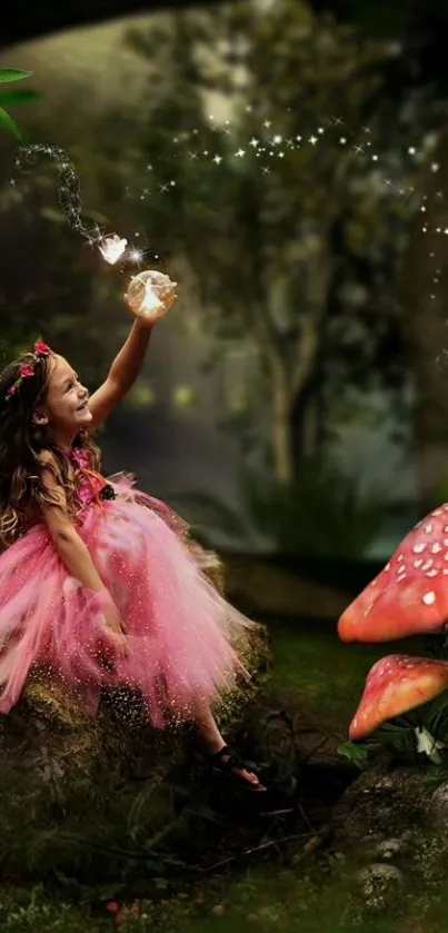 Whimsical fairy in a magical forest setting with mushrooms and glowing lights.