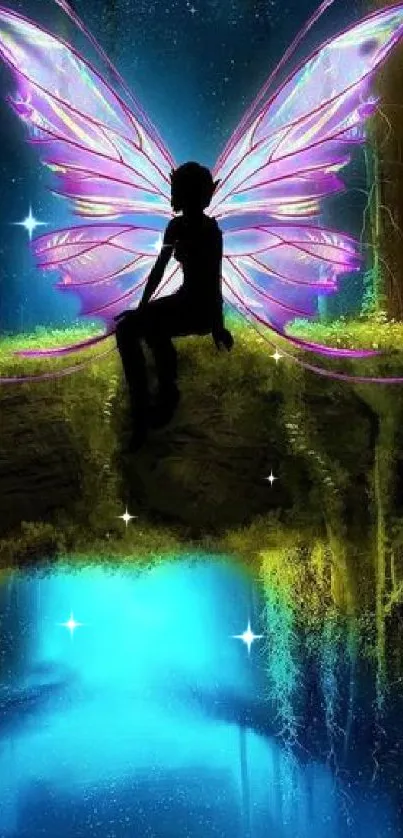 Silhouette of fairy with colorful wings in a magical forest setting.