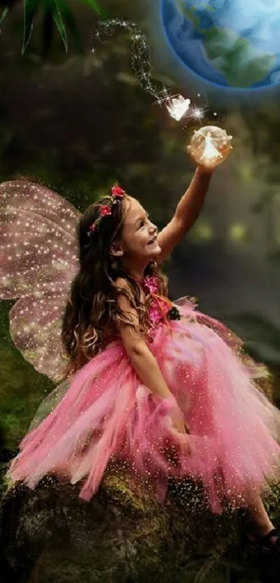 Young fairy in pink dress sits in enchanted forest with glowing wings.