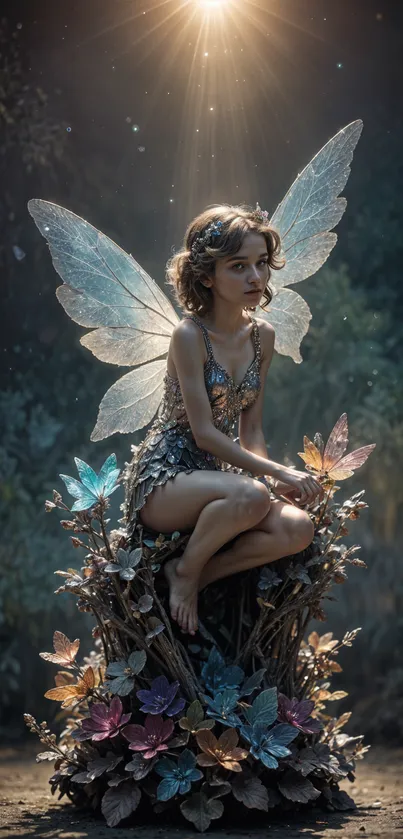 Fairy with glowing wings in magical forest setting.