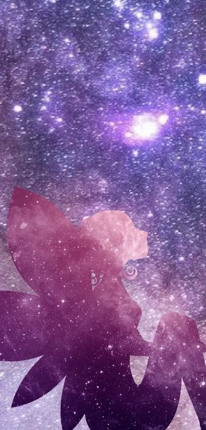 Mystical fairy silhouette in purple galaxy background with stars.