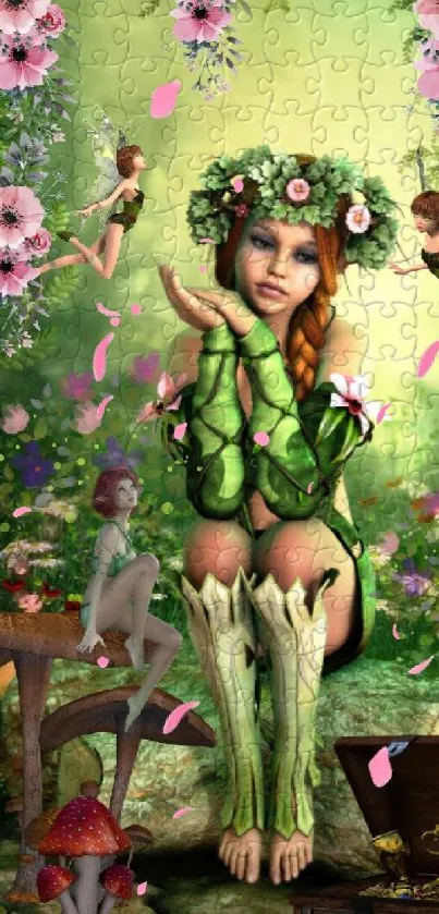 Enchanting fairy sitting in a lush garden surrounded by flowers and greenery.