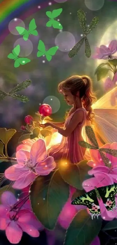 Enchanting fairy with butterflies and flowers in a magical garden wallpaper.