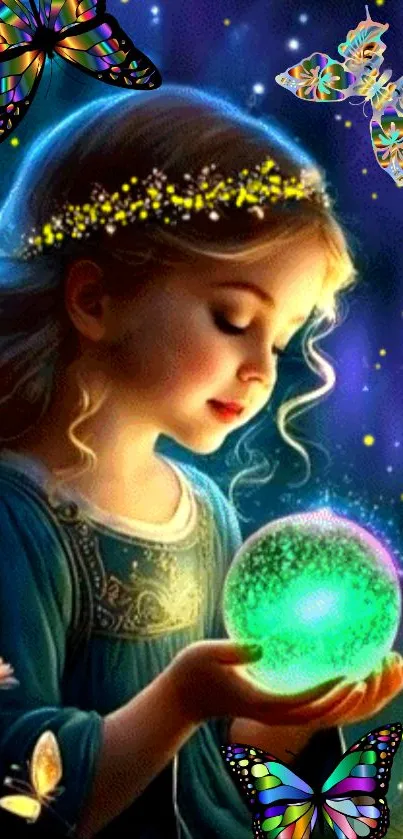 Young fairy holding a glowing orb with butterflies around, set in a mystical scene.