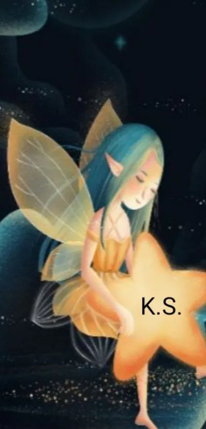 Fairy holding a glowing star on a dark background.