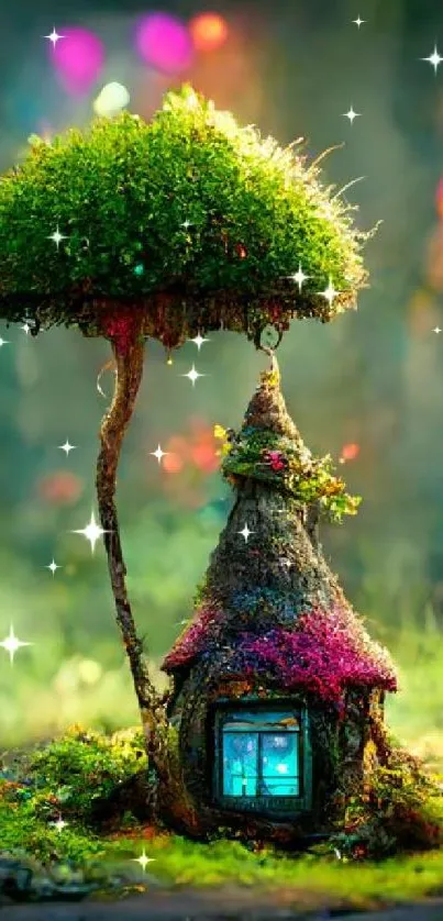 Fantasy fairy house with neon colors and magical scenery, perfect for mobile wallpaper.