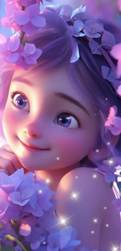 Fairy nestled in purple flowers, dreamy vibe.