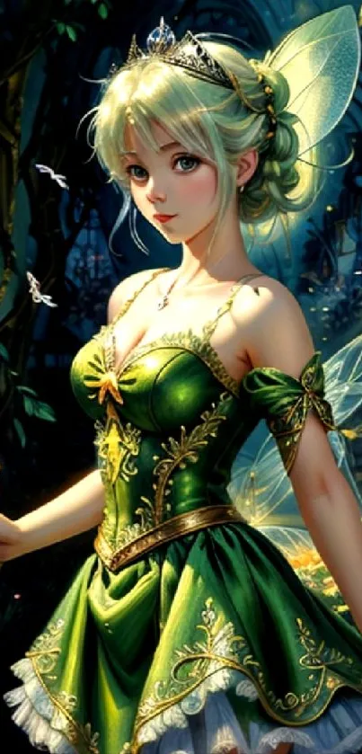A fairy in a green dress holding a lantern in a forest.