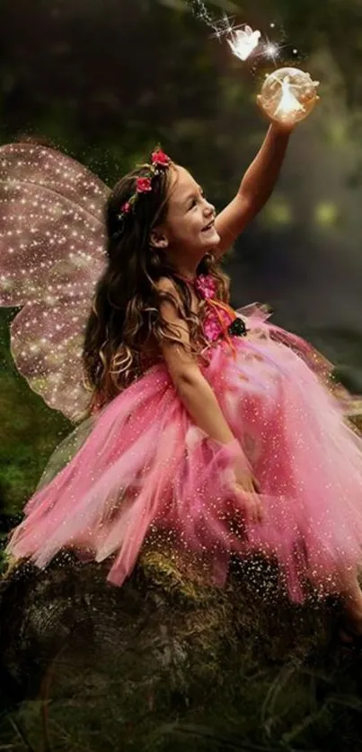 A fairy with pink wings in a magical forest setting.