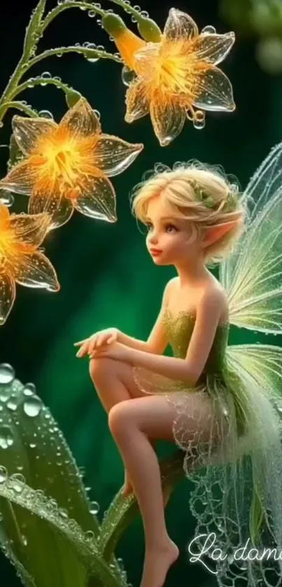 A magical fairy sits among glowing flowers.