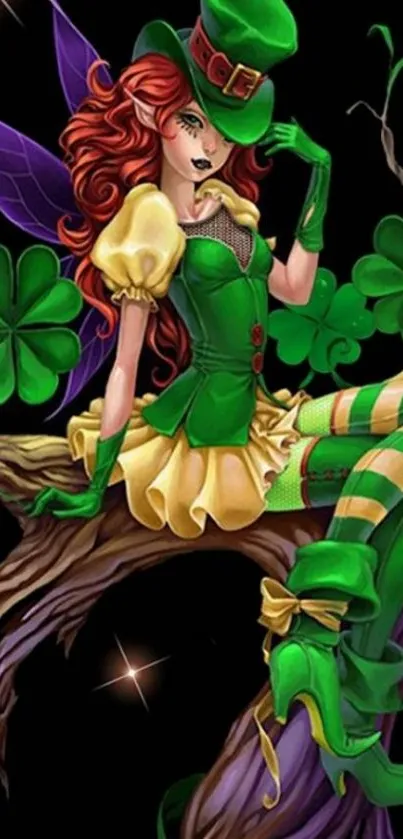 Magical fairy with a green outfit on a whimsical branch.