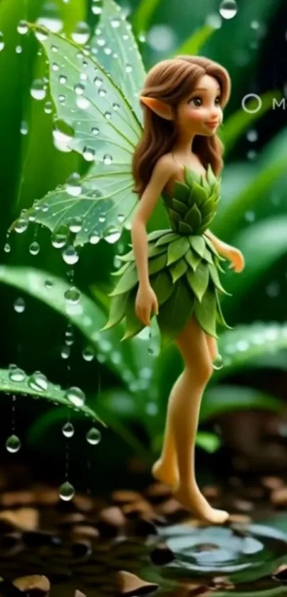 Enchanting fairy amid lush greenery and dewdrops.