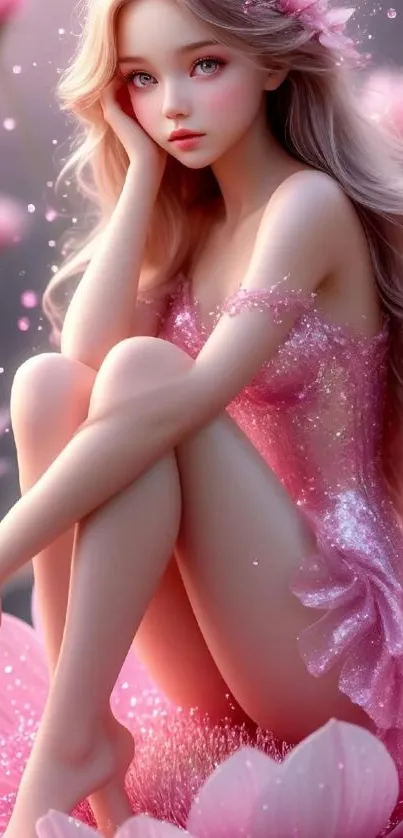 Magical fairy in a sparkling pink dress surrounded by blossoms.