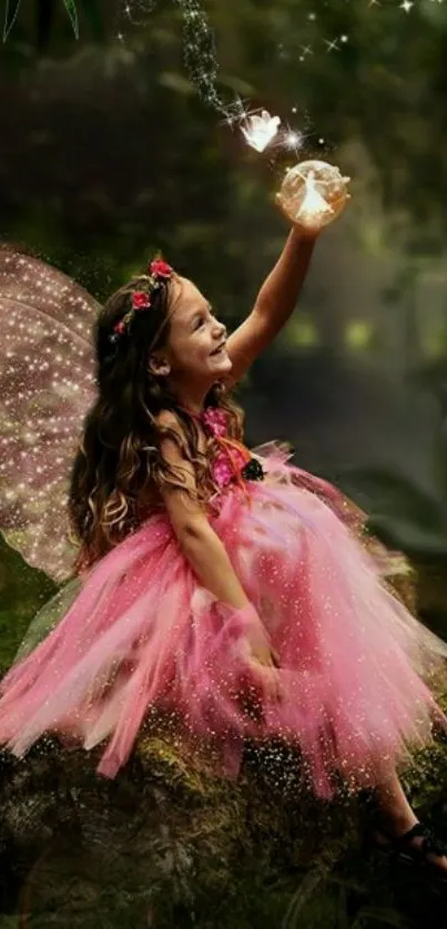 A fairy in a pink dress conjures magic in a mystical forest setting.