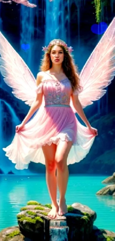 Fairy with pink wings by a waterfall in a mystical forest setting.