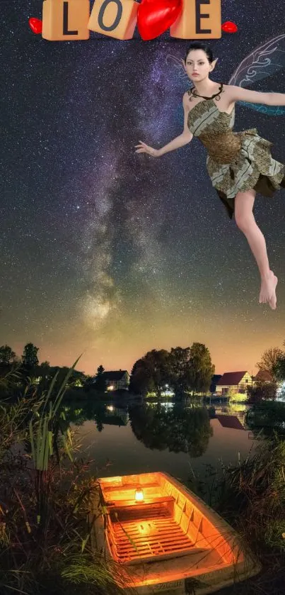 A fairy flies over a serene lake at night with a starry sky backdrop.