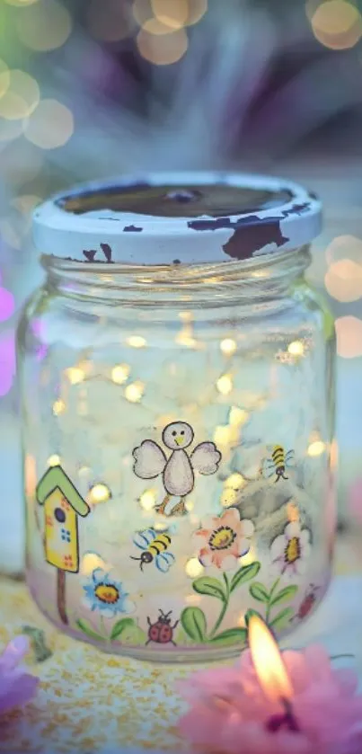 Magical jar with fairy lights and flowers wallpaper.