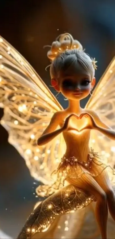 A magical fairy with glowing wings making a heart symbol with her hands.