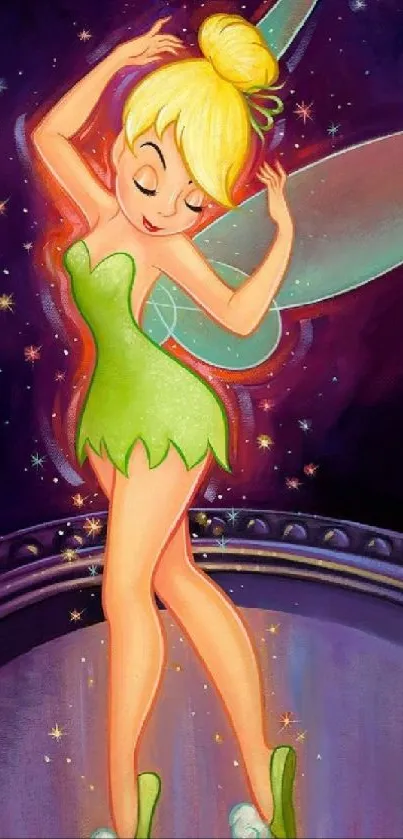 Whimsical fairy in green dress with sparkling wings and purple background.