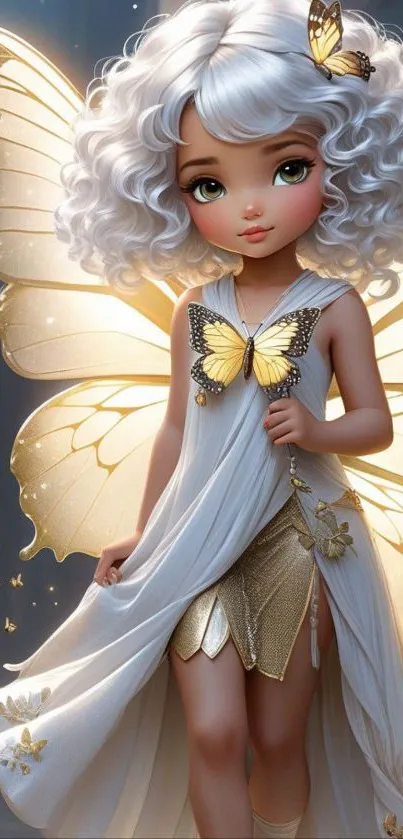 Whimsical fairy with golden wings and butterflies.