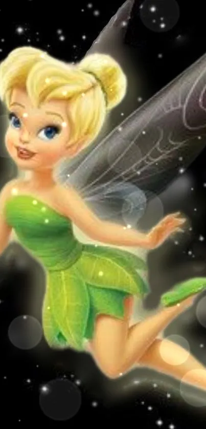 Whimsical fairy with green dress and wings on a black background wallpaper.