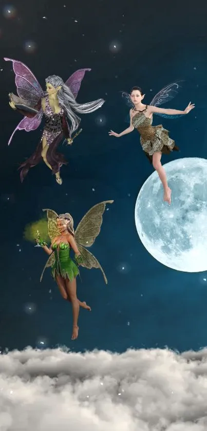 Fairies flying over a moonlit night sky with stars and clouds.