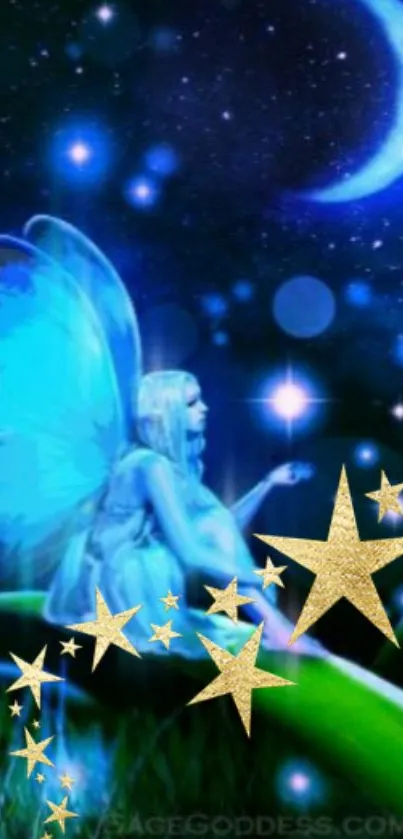 Magic blue fairy under moonlit sky wallpaper with glittering stars.