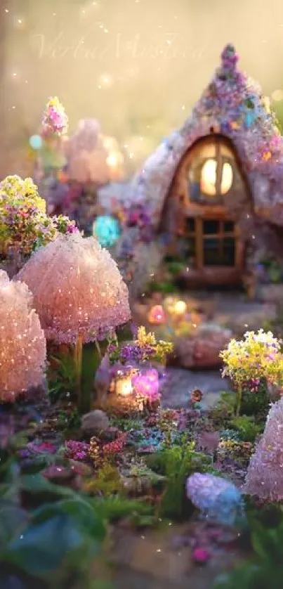 A mystical fairy cottage surrounded by glowing mushrooms at dusk.