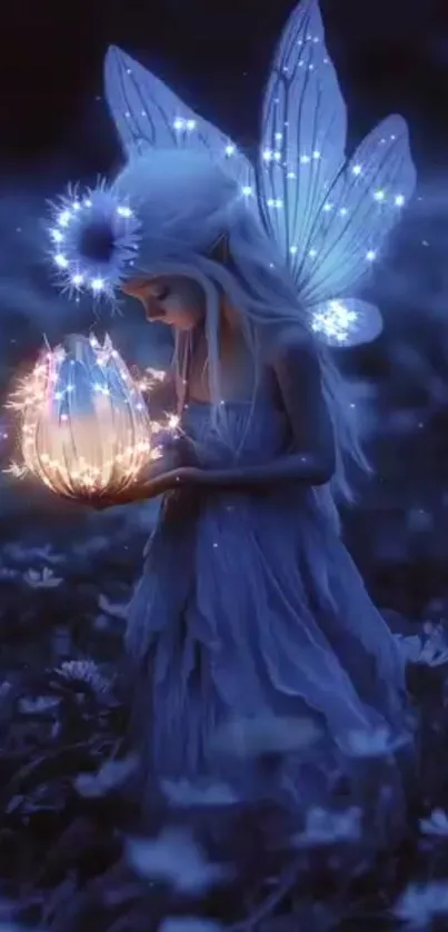 Fairy holding glowing orb in a magical night scene.