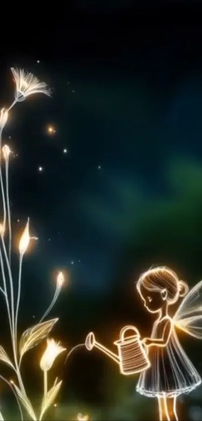 Glowing fairy watering luminous flowers under a starry night sky.