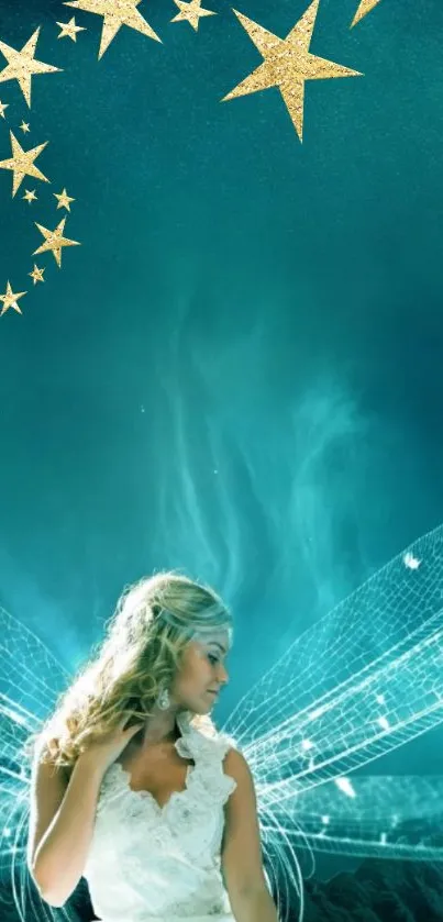 Fairy with shimmering wings under a starry night sky.