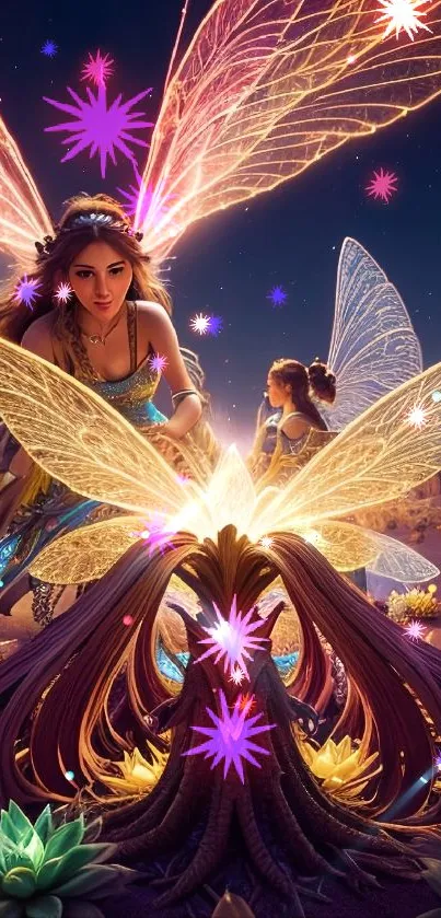 Enchanting fairy with glowing wings in a magical night scene.