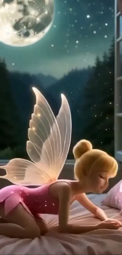 Fairy with wings under a moonlit night sky