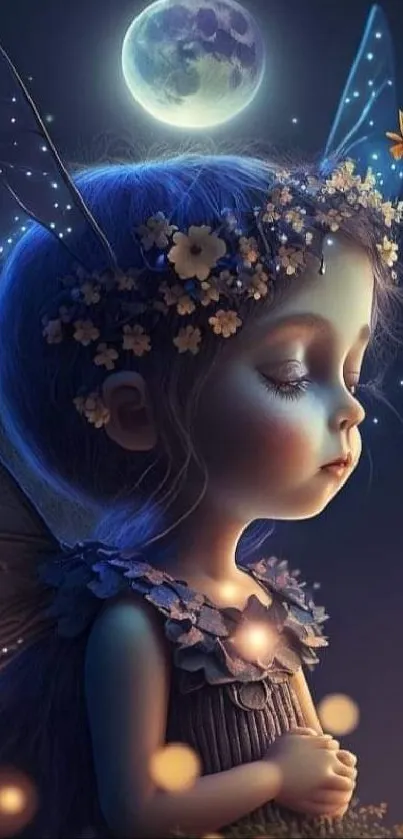 Fairy child with glowing wings under moonlight surrounded by fireflies.