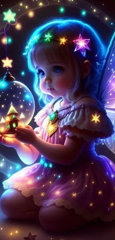 Dreamy fairy with glowing stars in a magical night scene.
