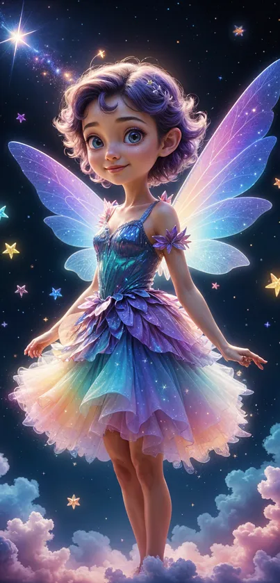 Whimsical fairy with glowing rainbow wings against a starry night.