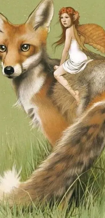 Whimsical fairy riding a fox amidst greenery.