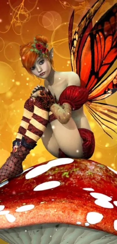 Enchanted fairy on red mushroom with glowing autumn colors.