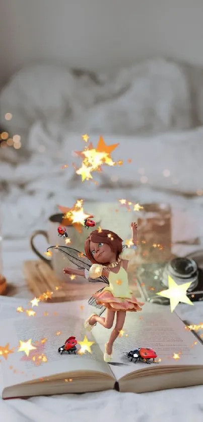 Fairy with stars on open book, cozy setting.