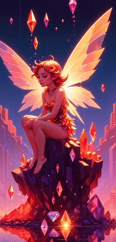 Magical fairy with glowing wings and crystals on rocky throne.