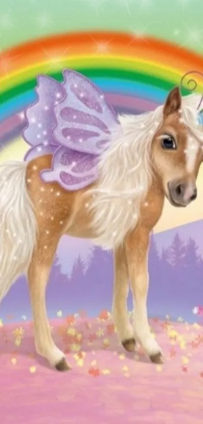 Magical fairy pony with rainbow and wings wallpaper.