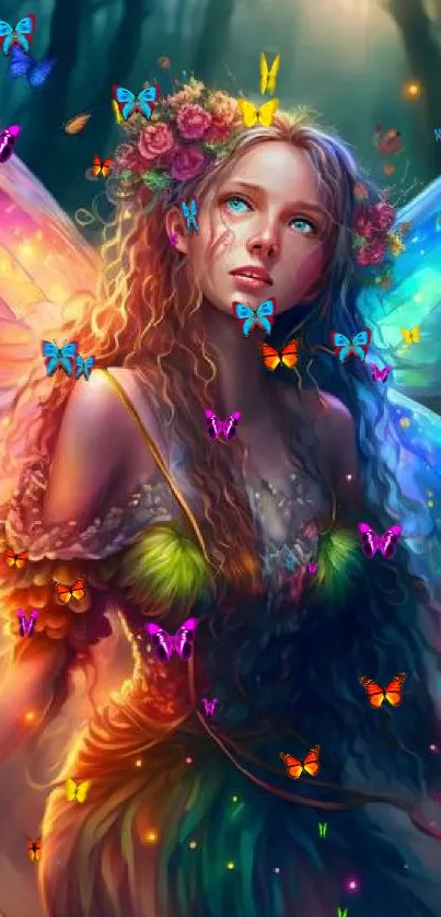 Colorful fairy with wings in a magical forest.