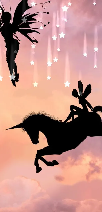 Fairy and unicorn silhouette on a pastel sky with stars.